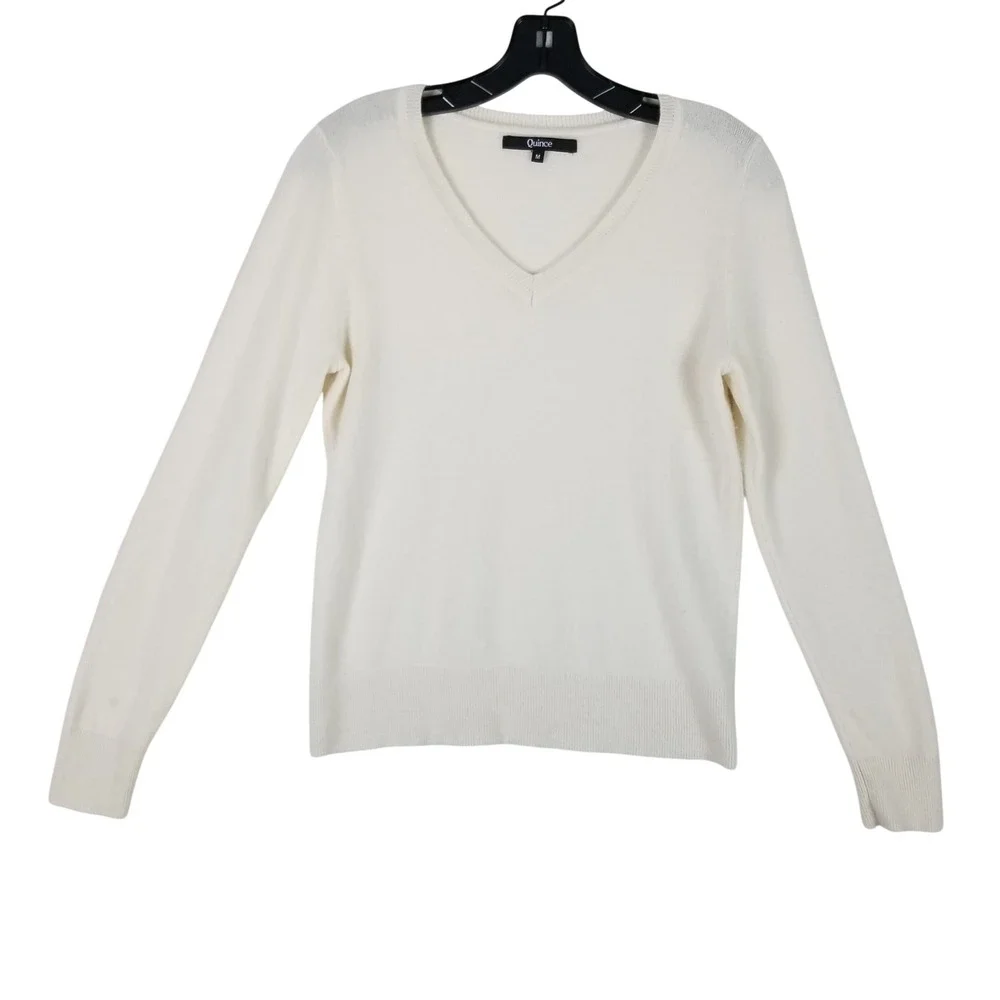 Quince V-Neck Sweater Women Size M Ivory Fine Knit Long Sleeve Minimalist